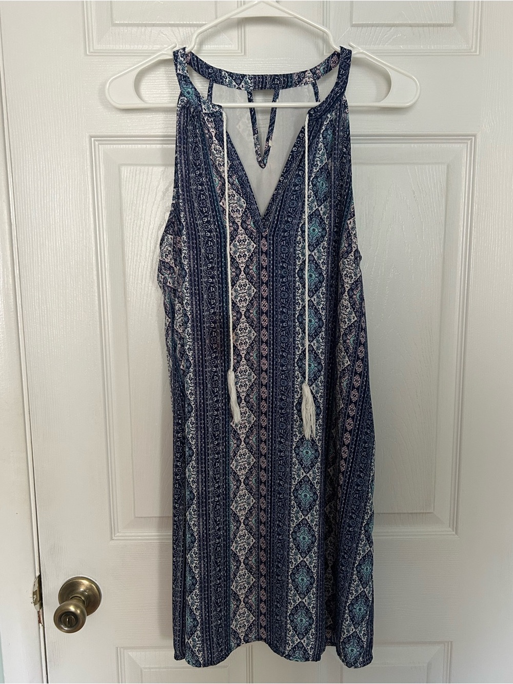 Hippie Rose Blue Geometric Tile Medallion Boho Halter Shift Dress w/ Tassels Med